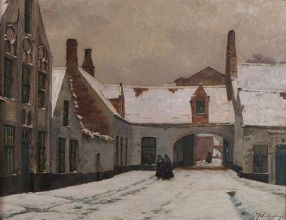 null Fritz WESTENDORP (1867-1926°, "Le béginage sous la neige", huile sur toile signée...