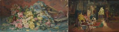 null Ell ROUSSEAU (XIXème - XXème siècle), Femme peignant des fleurs dans un intérieur,...
