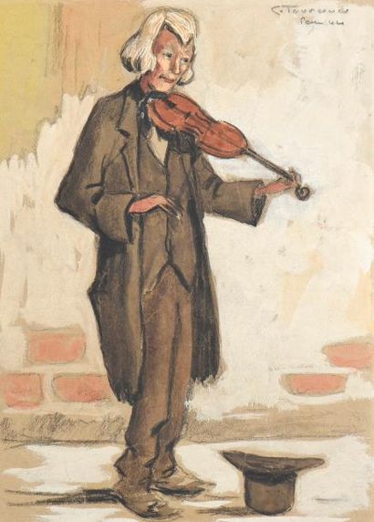 null Georges TOURNON (1928-1958). "Le violoniste". Fusain et gouache signé en haut...