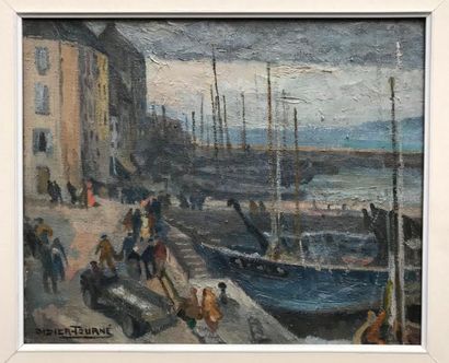null Jean DIDIER-TOURNÉ (1882-1967), "Temps lourd sur le port de Douarnenez", huile...