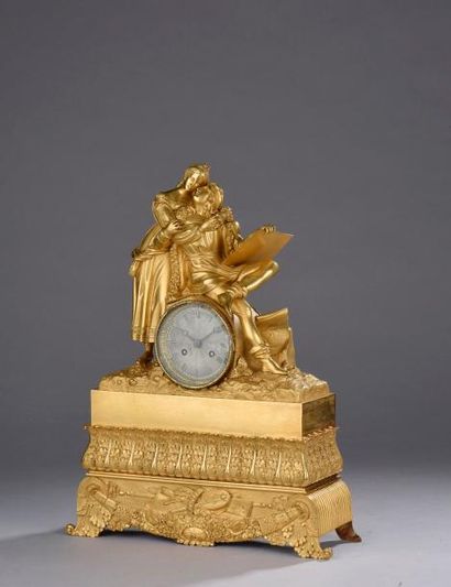 null Pendule en bronze doré figurant le peintre Raphaël dans les bras d'une jeune...
