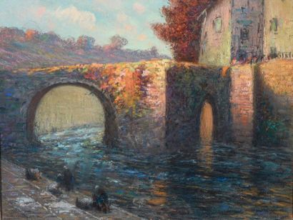 null Arsène CHABANIAN (1864-1949). / Lavandières bretonnes devant un pont de pierre....
