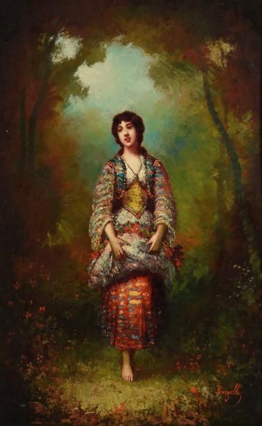 null Frédéric BORGELLA (Bagnères, 1833 - 1901). / Femme à la robe chargée de fleurs....