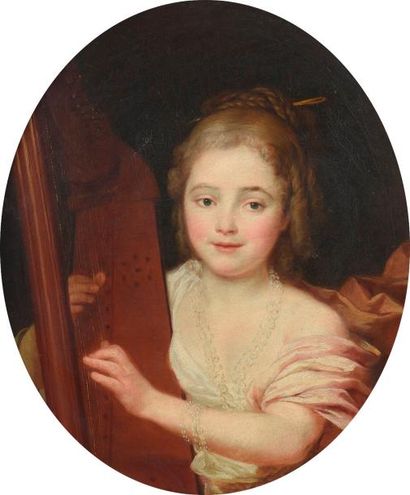 null École française, vers 1760. / La jeune harpiste. / Huile sur toile ovale. /...
