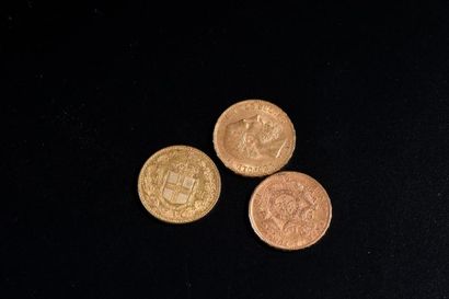 null Trois pièces de l'Union latine en or jaune (deux de 20 francs belges et une...