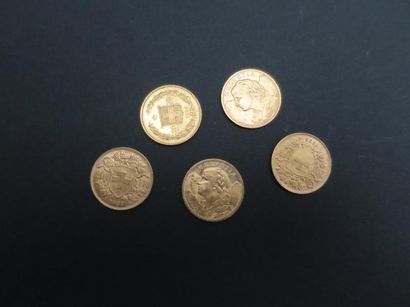 Cinq pièces de 20 francs suisses en or j...