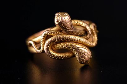 null Bague en or jaune 750 millièmes ornée de deux serpents entrelacés.
Doigt: 56...