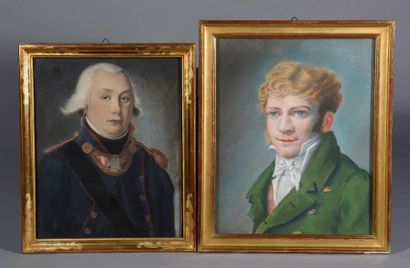 null Suite de quatorze portraits à l'huile, pastel, fusain et une reproduction XIXe...