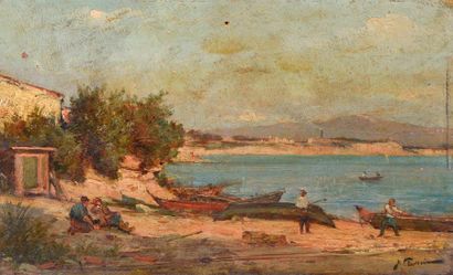 null Justin Jules CLAVERIE (1859 - 1832). Pêcheurs et barques sur un rivage en Méditeranée....