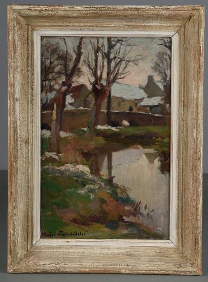 null André PREVOT-VALERI (1890 - 1959). Moissons, Maisons au pont de pierre, Paysage...