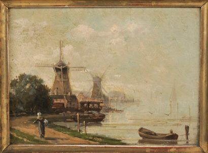 A. MOREL (XIXème siècle) Paysages de Hollande, au moulin et aux canaux Paire de gouaches,...