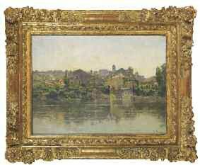 Adrien SAUZAY (1841 - 1928) Village en bord de rivière Huile sur toile, signée en...