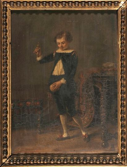 École Française du XIXème siècle Enfant jouant au bilboquet Huile sur panneau, trace...