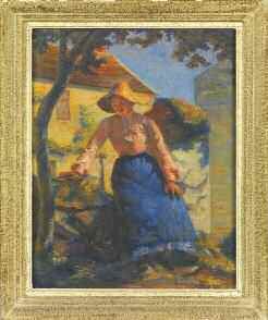 Paul René SCHUTZENBERGER (1860 - 1916) Femme au chapeau de paille et au tablier bleu...
