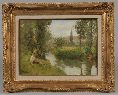 Paul MÉRY (Bougival, 1855 - ?) Partie de pêche au printemps Huile sur toile, signée...