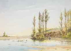Paul MARTIN (Digne, Alpes de Haute Provence, 1830 - 1903) Lavandières au marais Aquarelle...