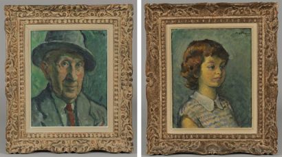 Prosper ROTGE (Caen, 1895 - 1969) Portrait de fillette et d'homme au chapeau Paire...