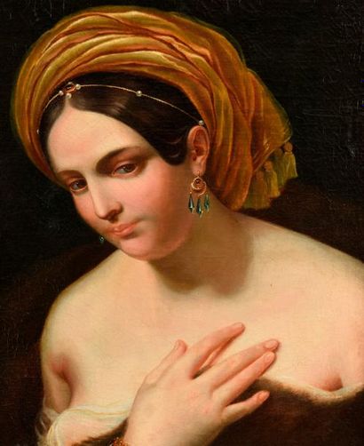 null Ecole du XIXe siècle dans le goût d'Ingres. Portrait de femme au turban doré....