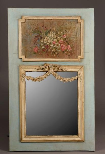 null Miroir trumeau en bois relaqué beige et bleu. Style Louis XVI.