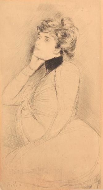 null Paul-César HELLEU (1859-1927). Femme aux yeux bleus assise. Gravure en noir...