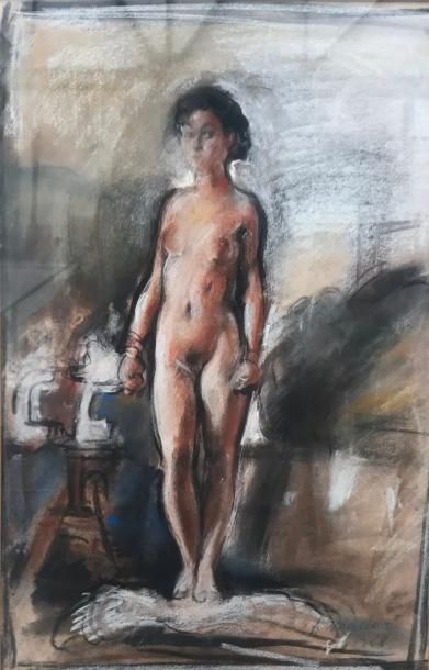 null André BARELIER (1934). Nue. Pastel aux trois crayons avec rehauts au pastel,...