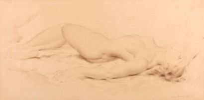 null Ch. PONSARD (XXème siècle). Femme nue allongée, gravure en couleur, signée en...