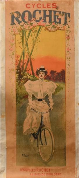 null Charles TICHON. 

Les Cycles Rochet. 

Vers 1900. 

Affiche en couleurs entoile?e.

Haut....