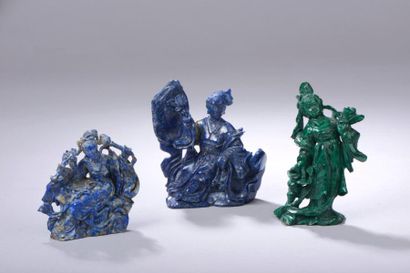 null Ensemble de trois Guanyin en lapis lazuli ou malachite sculptées. 

Chine, fin...