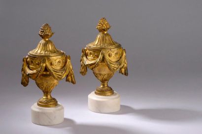 null Paire de vases couverts en bronze ciselé et doré, le frételle en forme de graine,...