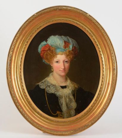 null Ecole française vers 1840. 

Portrait de femme au turban de satin bleu. 

Huile...