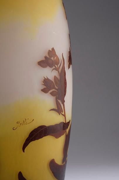 null 

Vase fuseau en verre multicouche à décor de fleurs brunes dégagées à l'acide...