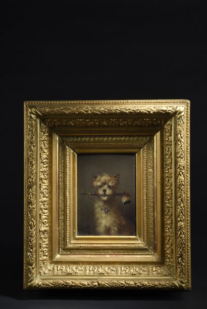 null Amédée de CARENZA (1843-1914). 

Portrait de chien à la pipe. 

Huile sur panneau...