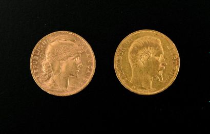 null Deux pièces en or : coq de Chaplain 1902 et Napoléon III tête nue 1858. Lot...