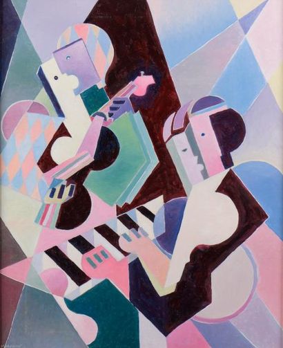 null Michel MORENO (né en 1945).

"Le pianiste et le guitariste".

Huile sur toile...