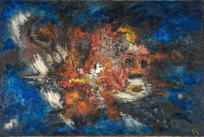 null Gino GREGORI (Milan, 1906 - Paris, 1973).

Abstraction polychrome sur fond bleu....