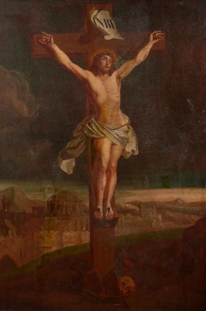 null *École du XVIIIe siècle.

Le Christ en croix.

Huile sur toile (rentoilée, restaurations,...