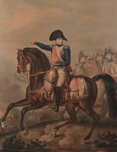 null École du XIXe siècle.

Napoléon guidant ses généraux à cheval.

Gravure en couleurs...