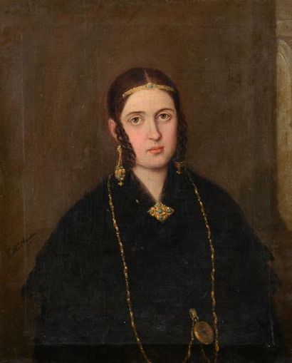 null École du XIXe siècle.

Portrait de femme aux bijoux en habit noir. 

Huile sur...