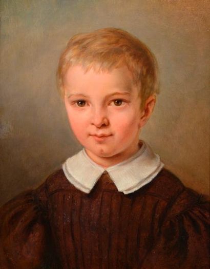 null École française du XIXe siècle.

Portrait d'enfant à la collerette blanche.

Huile...