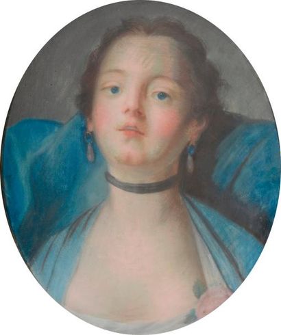 null École française du XIXe siècle.

Portrait de jeune femme au collier de chien.

Pastel...