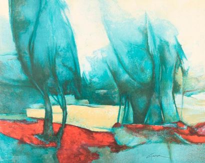 null Ecole du XXe siècle. 

"Paysages aux arbres bleus".

Lithographie signée en...