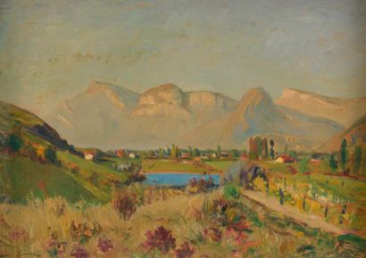 null Joseph-Victor COMMUNAL (1876 - 1962).

Vallée, montagnes dans le lointain. 

Huile...