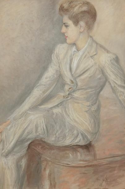 null Léon HERMANN (XXe siècle). 

Femme assise en costume blanc.

Pastel signé en...