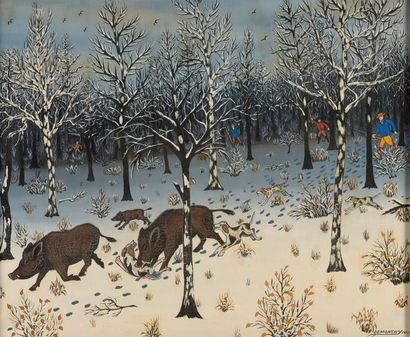 null André DEMONCHY (1914 - 2003).

Chasse aux sangliers.

Acrylique sur toile signée...