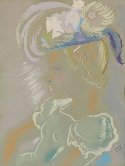 null Maurice FÉAUDIERRE dit SERGE (1909 - 1992). 

Jeune femme au chapeau de profil.

Gouache...