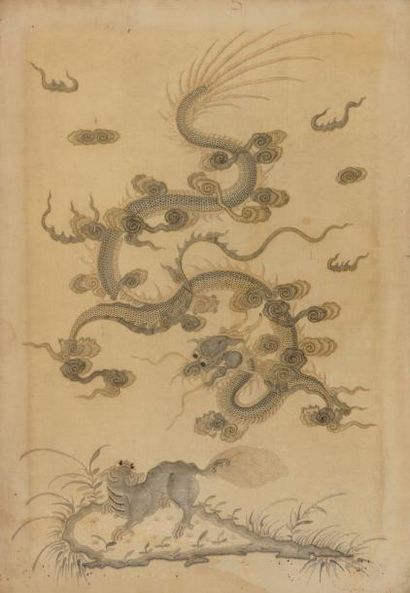 null 

Soie brodée d'un dragon et d'un chien de fô (déchirures et taches). 

Chine,...