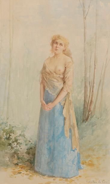 null Delphine ARNOULD de COOL (Limoges, 1830 - 1921).

Jeune femme à la jupe bleue.

Aquarelle...