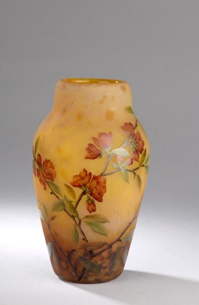 null DAUM.

Vase balustre en verre marmoréen jaune et brun gravé à l'acide et émaillé...