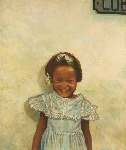 null École cubaine du XXe siècle.

Portrait de petite fille contre un mur aux graffiti.

Huile...