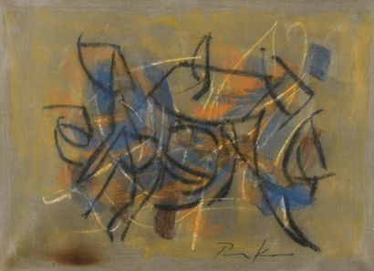 null Bill PARKER (1922 - 2009).

Composition en bleu et orange sur fond gris.

Pastel...